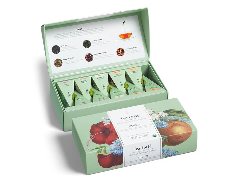 Fleur tea assortment in a 10 count petite presentation box with lid open and closed