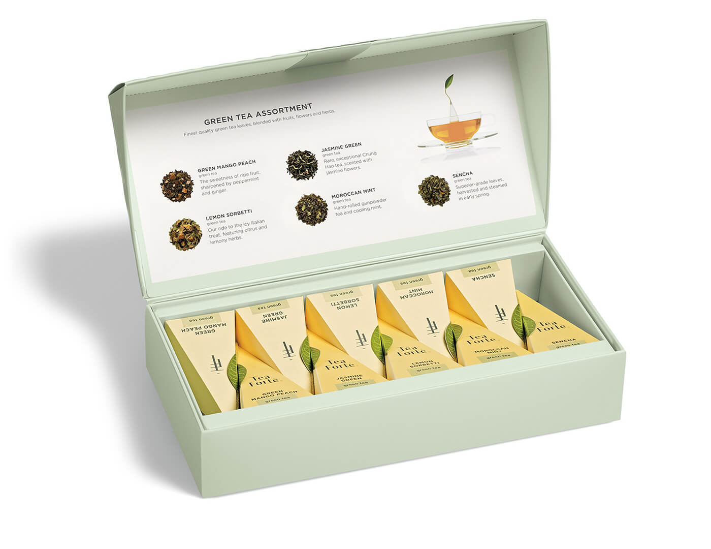 Green Tea tea assortment in a 10 count petite presentation box with lid open