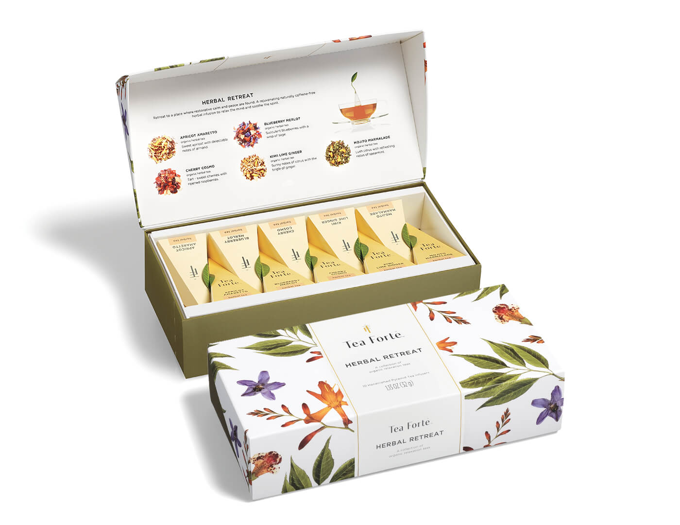 Herbal Retreat Collection in a 10 count petite presentation box with lid open andclosed