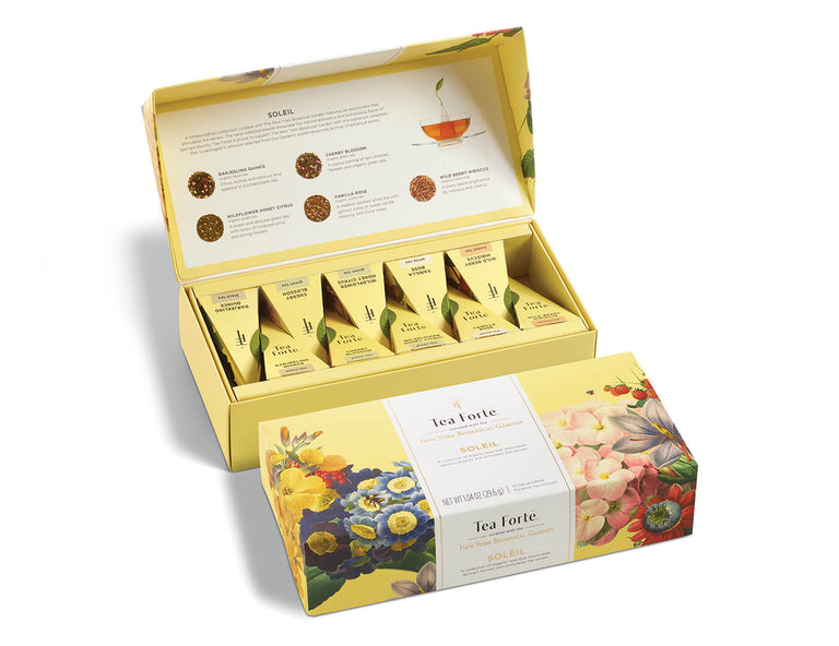 Soleil tea assortment in a 10 count petite presentation box with lid open and closed