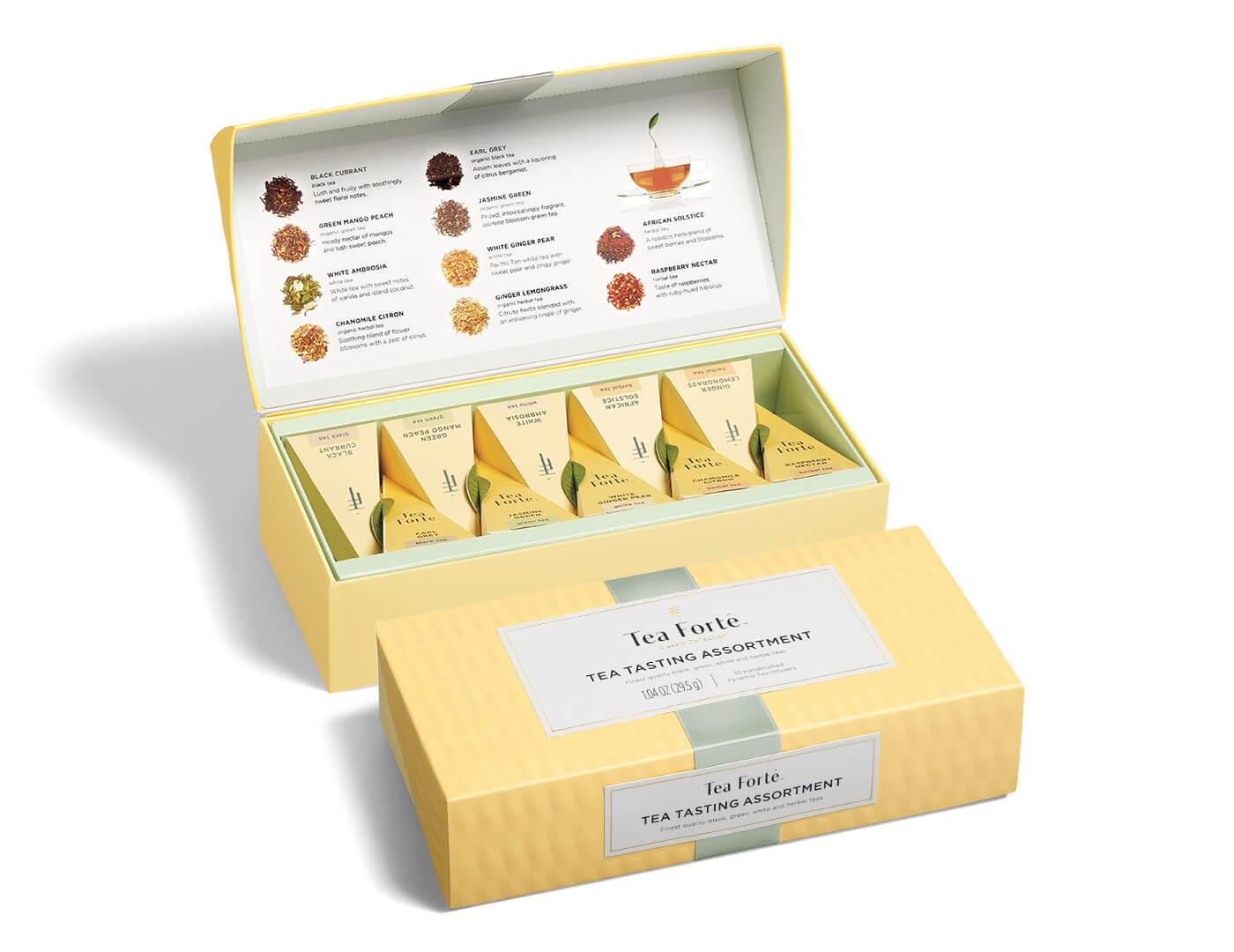 Tea Tasting tea assortment in a 10 count petite presentation box with lid open and closed