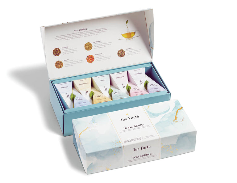 Wellbeing tea assortment in a 10 count petite presentation box with lid open and closed