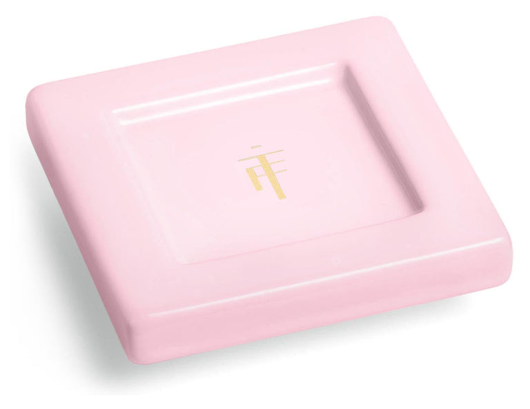 Rose Pink Tea Tray with gold TF monogram.