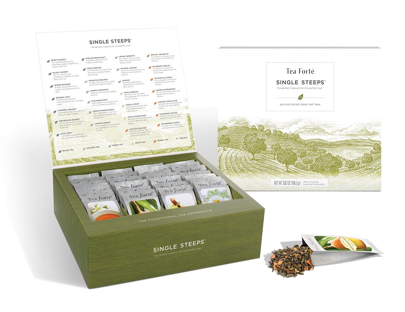 Single Steeps tea assortment in a 28 count chest of Single Steeps pouches with lid open