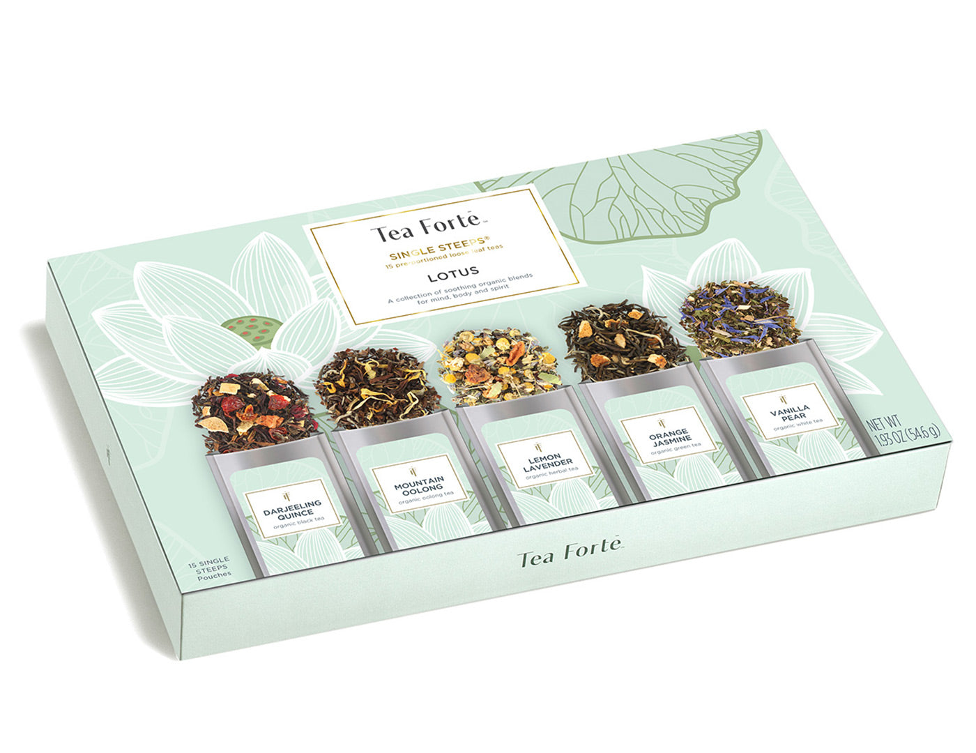 Lotus tea assortment in a 15 count box of Single Steeps pouches, lid closed
