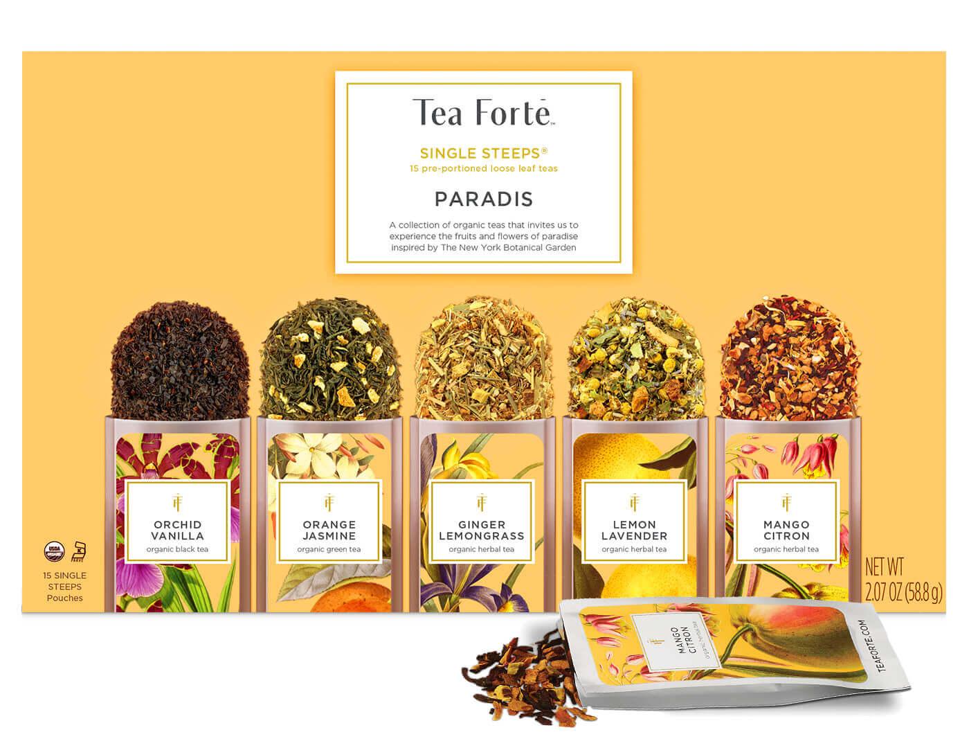 Paradis Single Steeps Sampler Box, closed, with open pouch