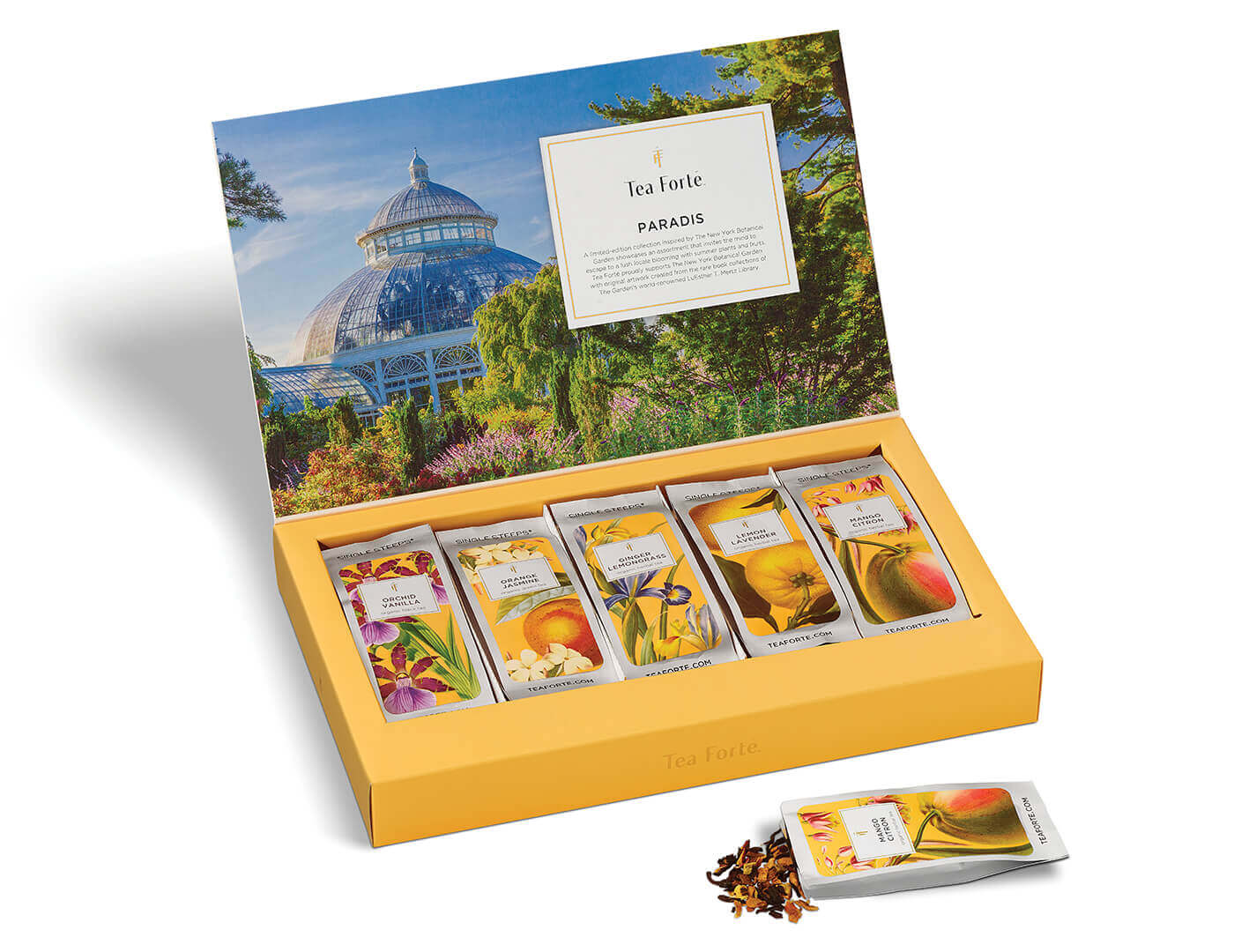 Paradis Single Steeps Sampler Box, open lid with open pouch