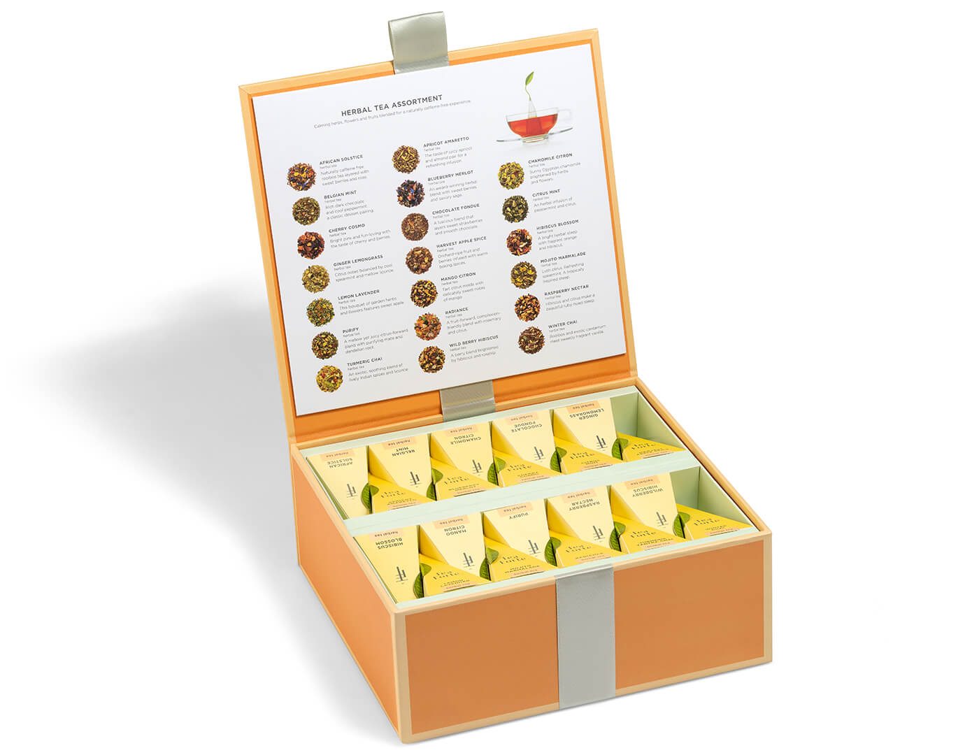 Herbal Tea Tasting assortment in a 40 count tea chest of pyramid infusers with lid open