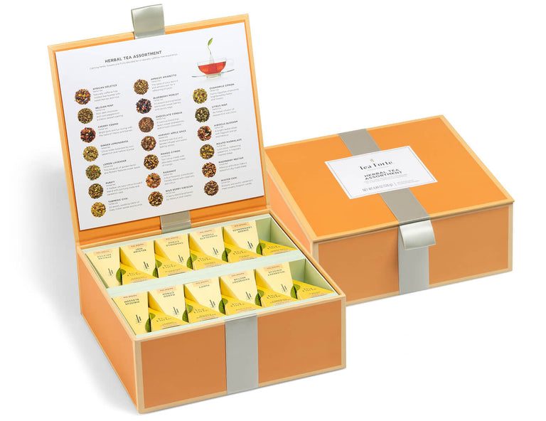 Herbal tea assortment in a 40 count tea chest of infusers with lid open