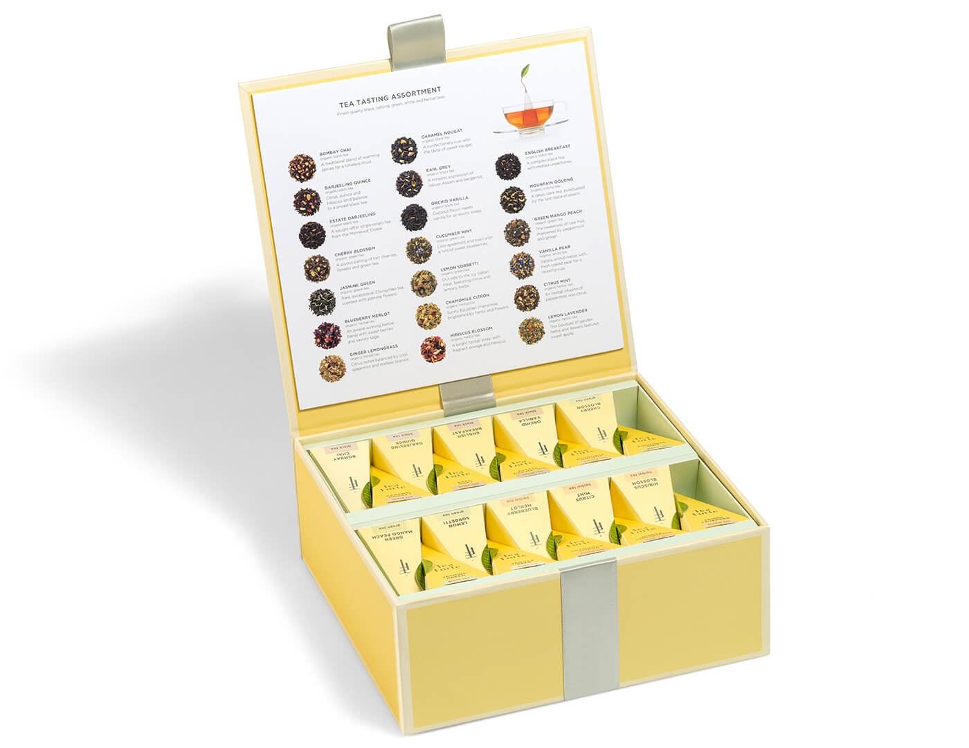 Tea Tasting tea assortment in a 40 count tea chest of pyramid infusers with lid open