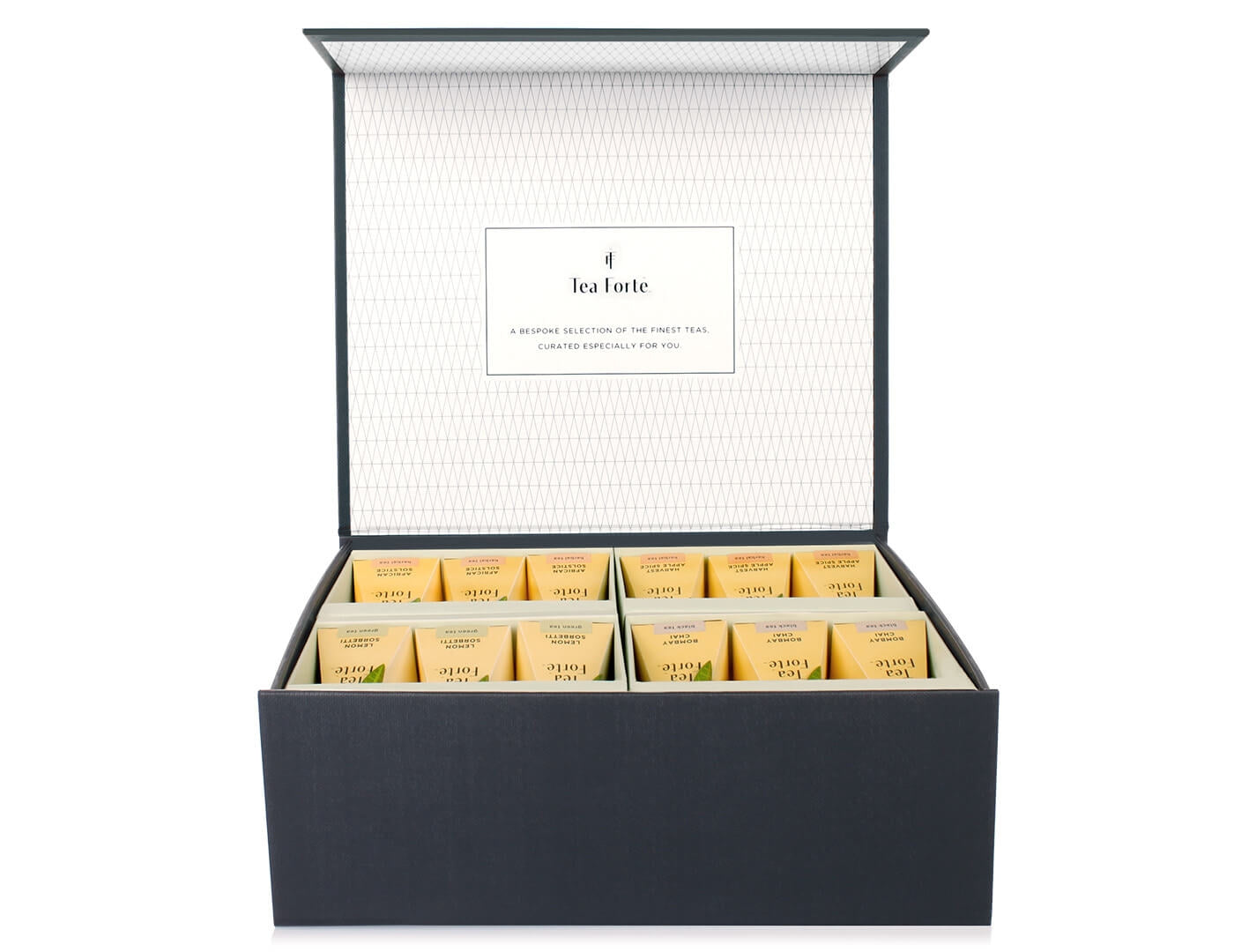 Tea Forté Select Chest of 40 pyramid tea infusers, open