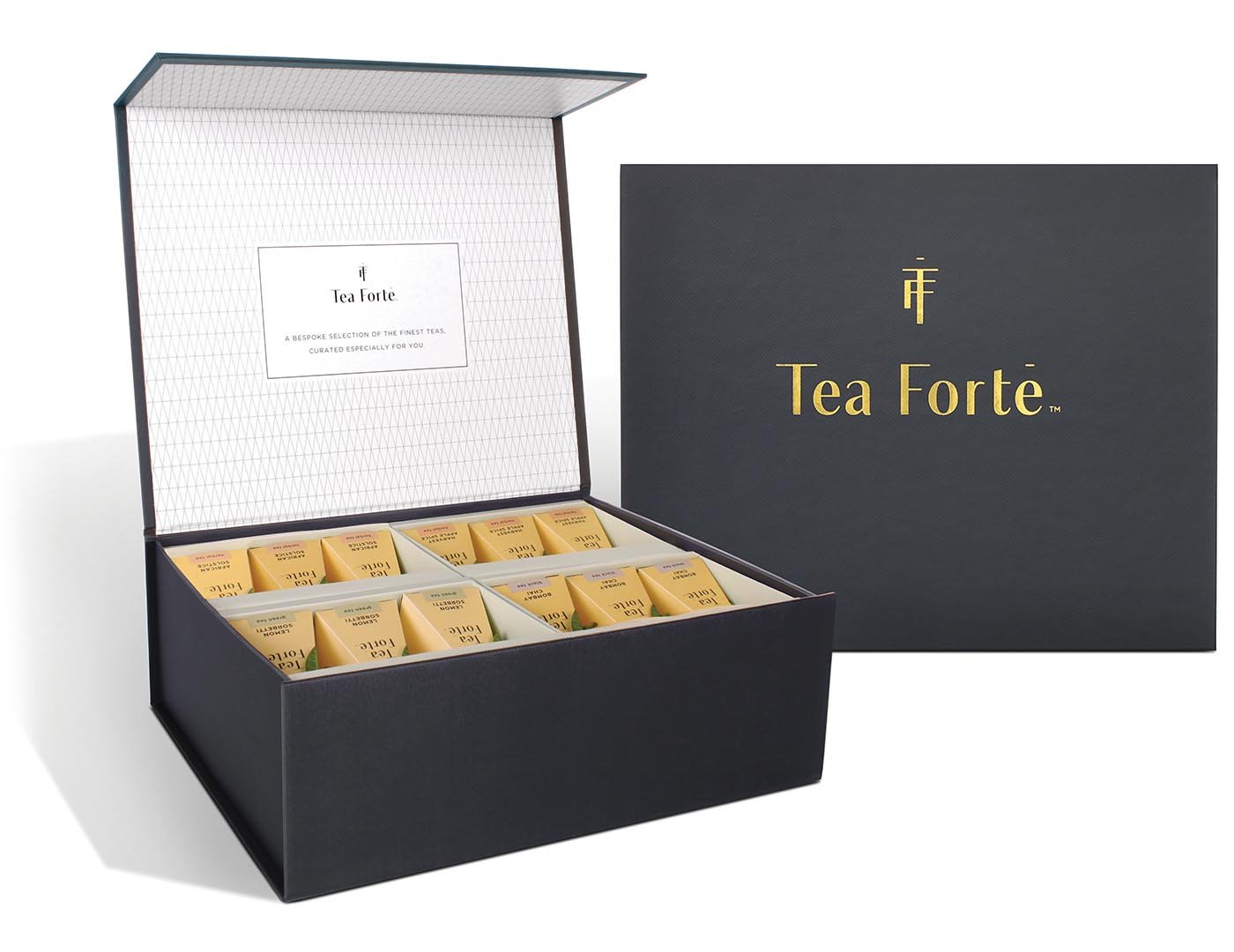 Tea Forté Select Chest of 40 pyramid tea infusers, open and closed