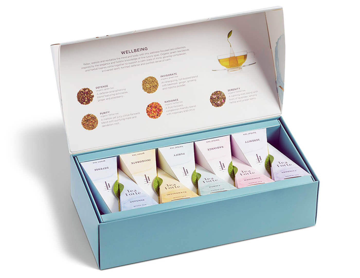 Wellbeing tea assortment in a 10 count petite presentation box with lid open