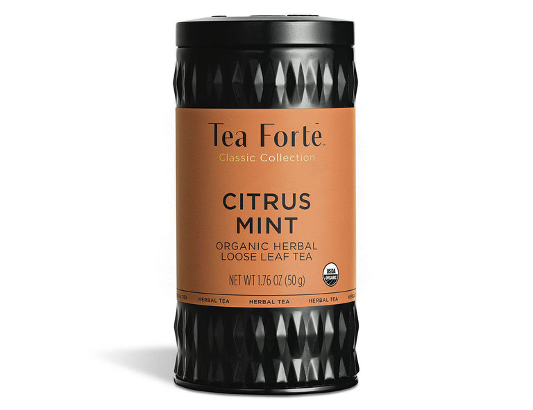 Citrus Mint tea in a canister of loose tea