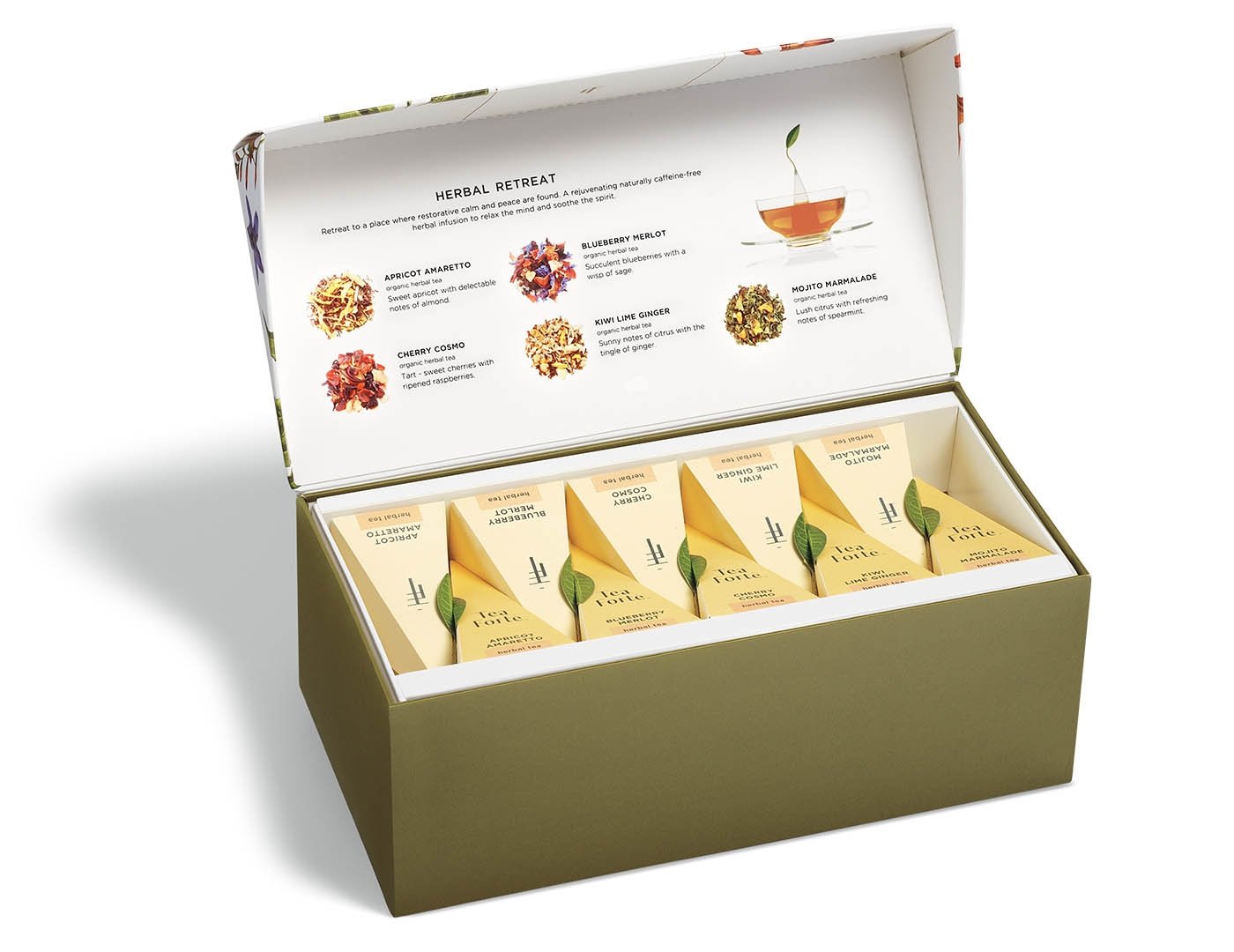 Herbal Retreat tea assortment in a 20 count presentation box with lid open