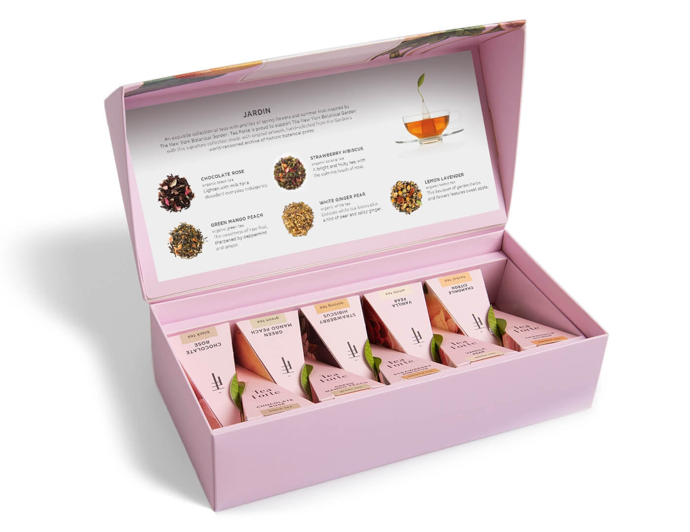 Jardin tea assortment in a 10 count petite presentation box with lid open