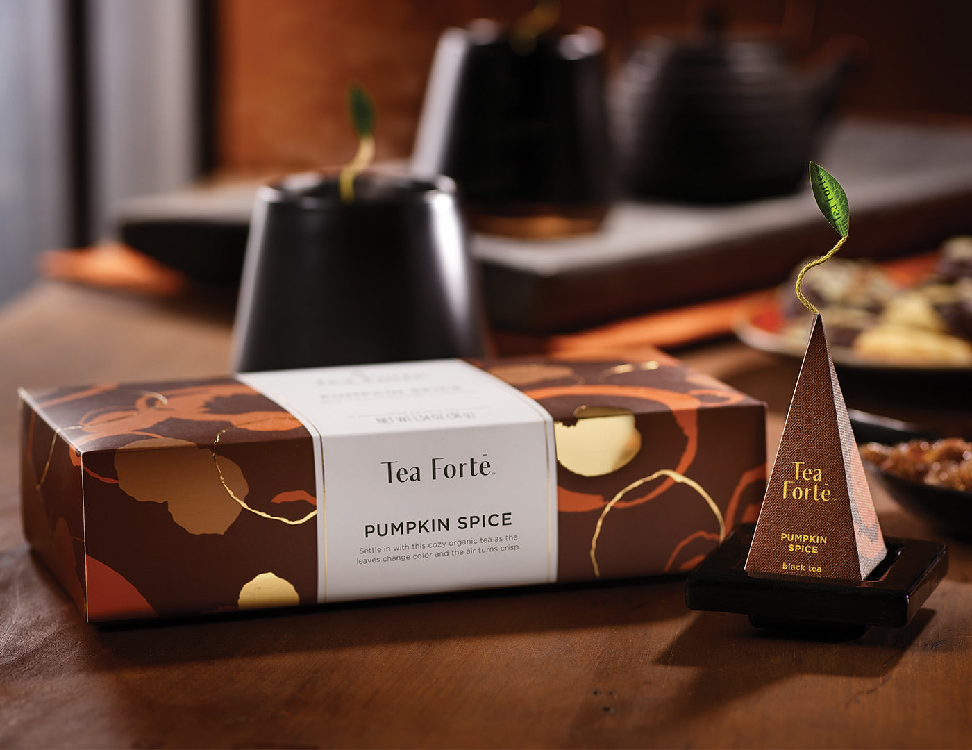 Pumpkin Spice tea in a 10 count petite presentation box on table