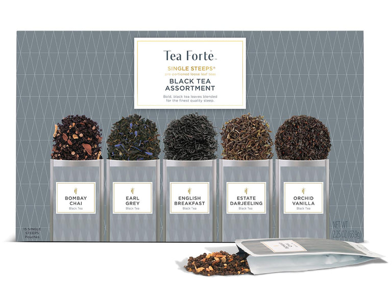 Black tea assortment in a 15 count box of Single Steeps pouches - view of box top