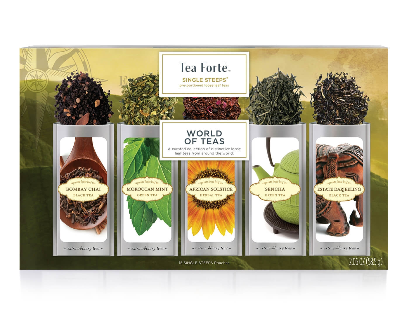 World of Teas tea assortment 15 count box of Single Steeps pouches - view of box top