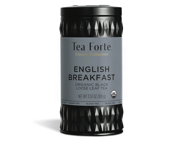 English Breakfast tea in a canister of loose tea