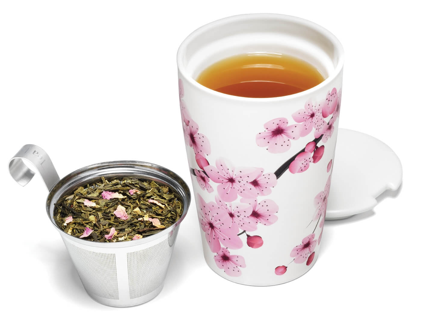 Hanami design KATI® Steeping cup with infuser showing stainless steel infuser with tea leaves
