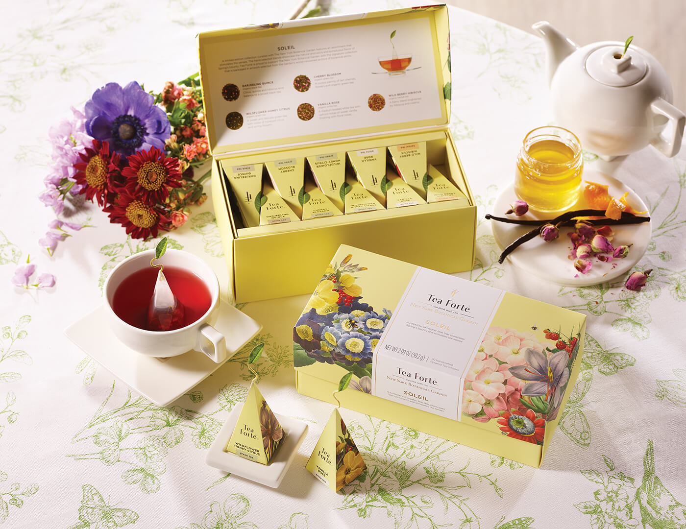 Soleil tea assortment in a 20 count presentation box on table