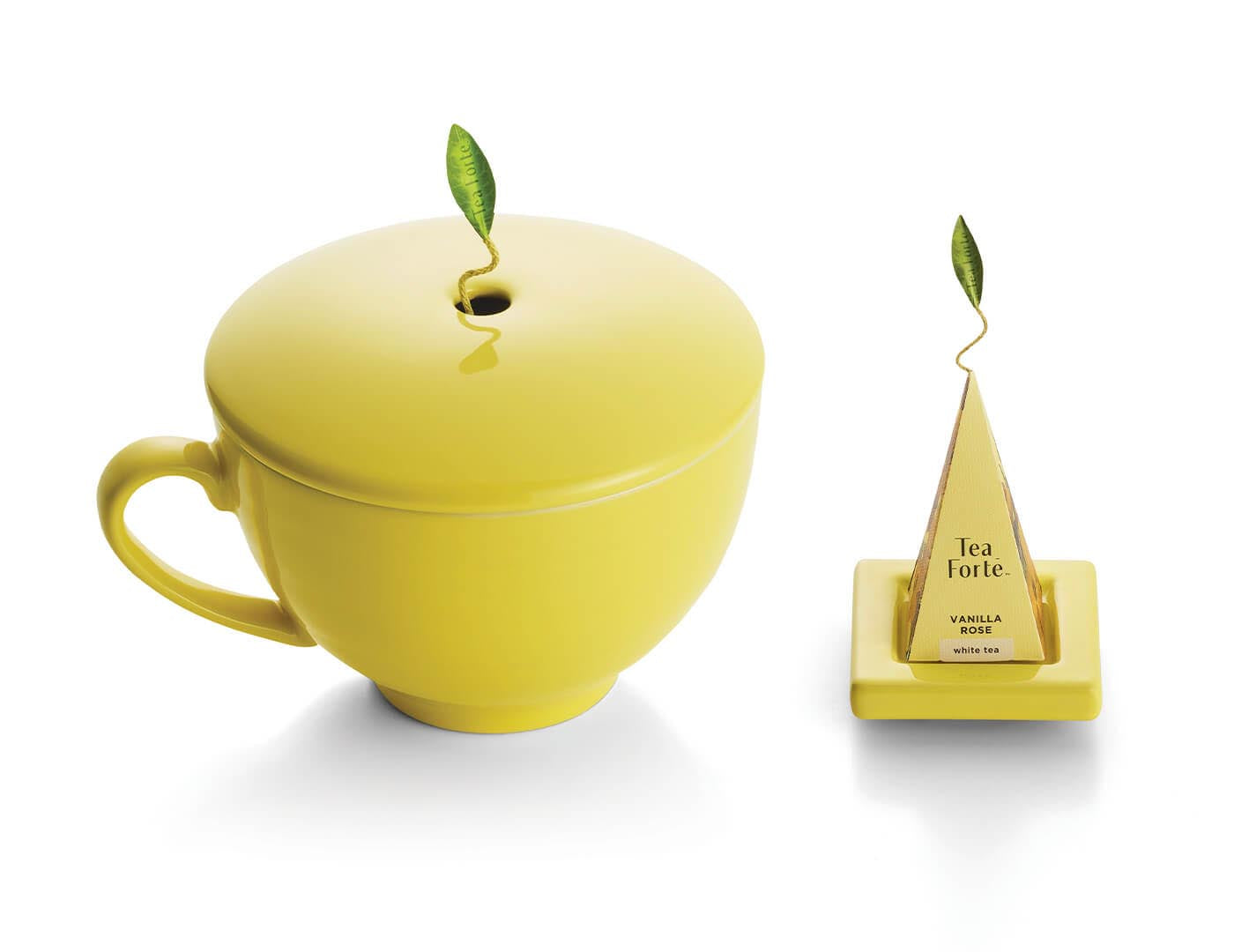 Soleil Collection Gift Set showing porcelain Cafe Cup in yellow with infuser tray