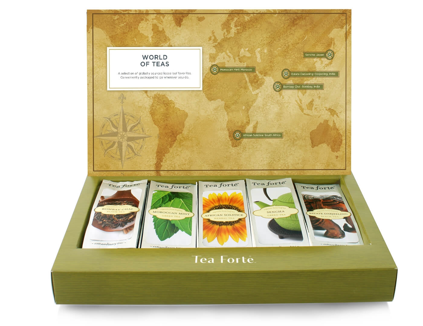 World of Teas tea assortment 15 count box of Single Steeps pouches with lid open