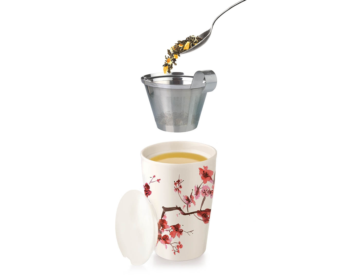 Cherry Blossom design KATI® Steeping cup with infuser showing stainless steel infuser with tea leaves
