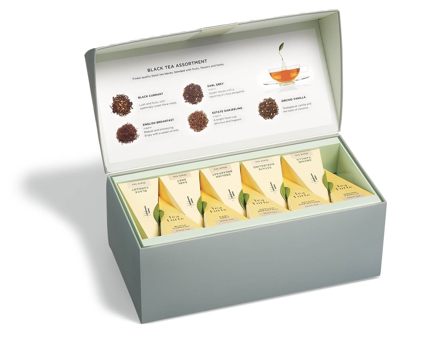 Black tea assortment in a 20 count presentation box with lid open