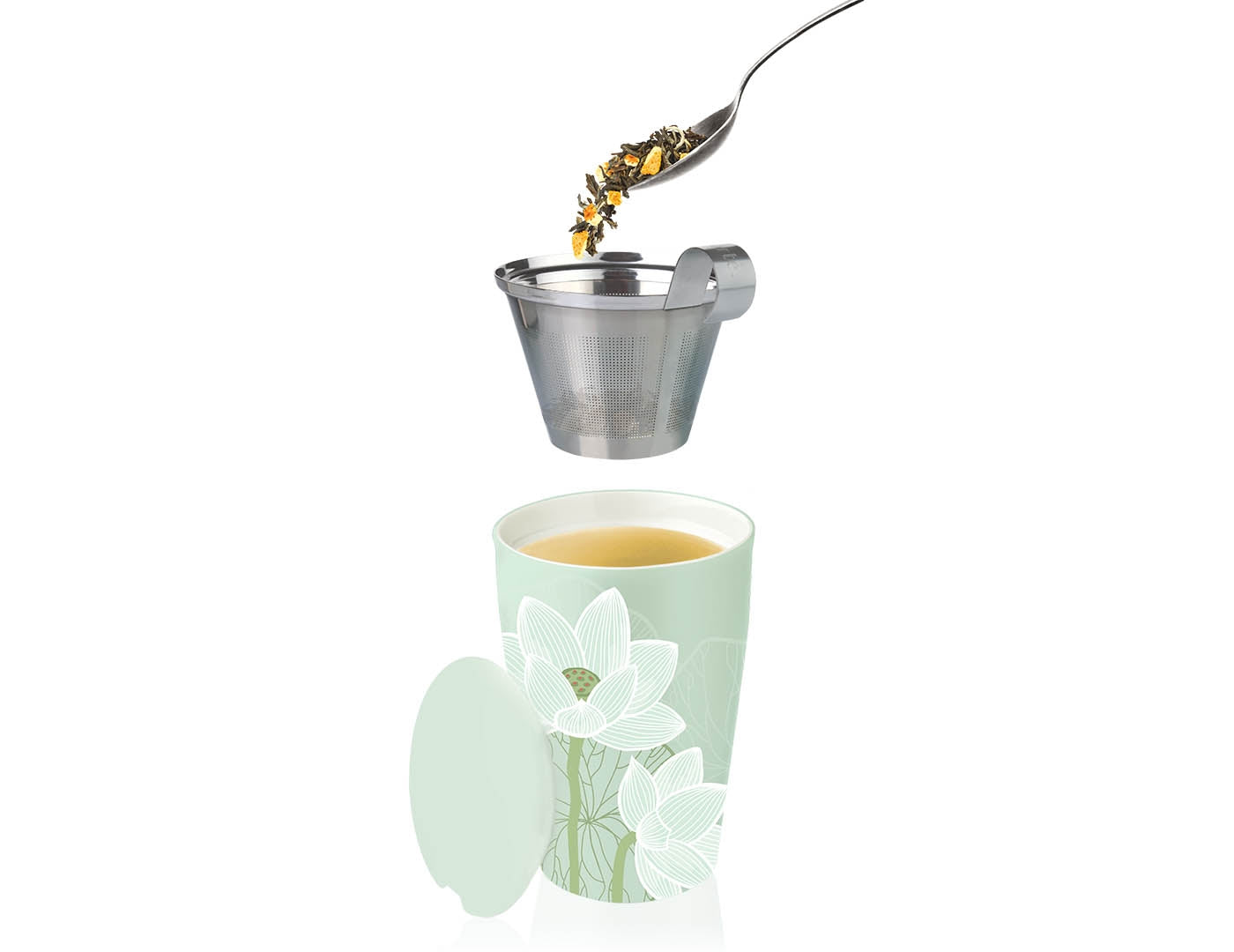 Lotus design KATI® Steeping cup with infuser showing stainless steel infuser