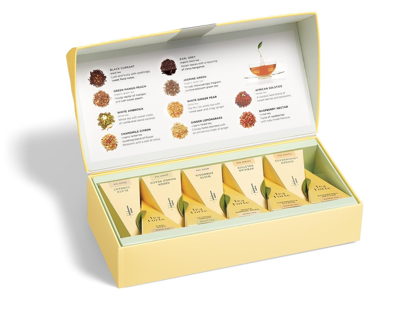 Tea Tasting tea assortment in a 10 count petite presentation box with lid open
