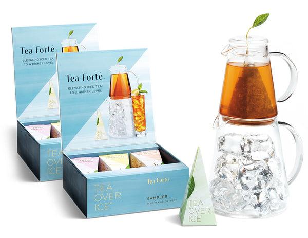 Tea Forte Tea Over Ice Steeping Pitcher + Tea Infuser Blends, Ceylon Gold  Pitcher Sized Ice Tea Infusers (5pk) + Glass Serving & Brewing Pitcher Set